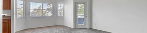 A spacious room with a grey carpet and a door on the right side.