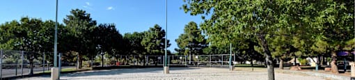 A sandy area with a tree and a fence in the background.