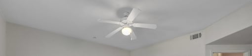 A room with a ceiling fan and carpeted floor.