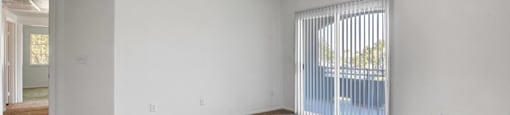 A spacious, empty room with a ceiling fan and carpeted floor.