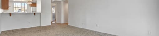 A large, empty room with a carpeted floor and white walls.