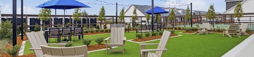 A sunny day at the park with blue umbrellas and wooden chairs.