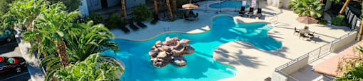 A large swimming pool surrounded by palm trees and lounge chairs.
