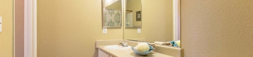 A bathroom with a white sink and a mirror.