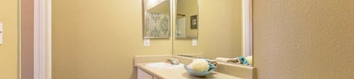 A bathroom with a white sink and a mirror above it.