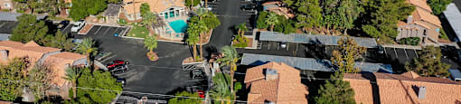 A bird's eye view of a residential area with houses and trees.