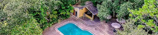 an aerial view of a pool in the middle of trees