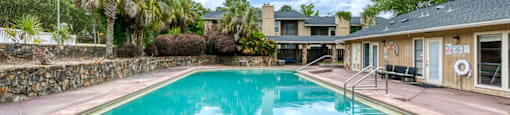 A swimming pool surrounded by a stone wall and palm trees.