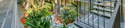 a building with stairs and a courtyard with palm trees