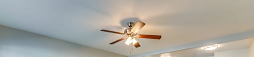 A room with a ceiling fan and wooden flooring.