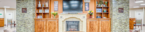 a living room with couches and a fire place