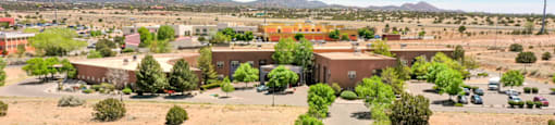 an aerial view of a neighborhood in the desert with houses and trees