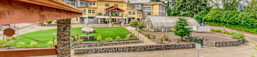 community courtyard, lawn and walking path