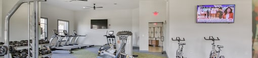 a gym with weights and cardio equipment and a tv at Sladestone Shadow Creek, Pearland, TX