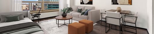 a living room with a couch and a table and a large window at Presidential Towers, Chicago, IL, 60661
