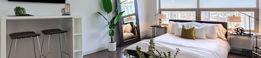 a bedroom with a large bed and a large window and a desk with a tv at Presidential Towers in Illinois 60661
