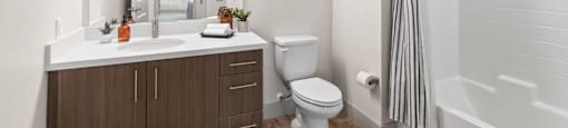 Unit Single Bathroom Vanity and Shower at Aventine Apartments in Hercules, CA 94547
