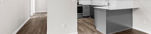 the living room and kitchen of a new home with an open floor plan at Switchback on Platte Apartments, Colorado