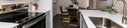 an open kitchen and dining room with stainless steel appliances and white cabinets at Briarcliff Apartments, Atlanta, 30329