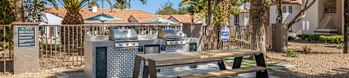 a picnic area with a picnic table and a grill