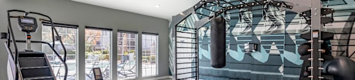 a gym with weights and equipment and a wall with a punching bag and a ladder