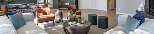 a living room with couches and chairs and a fireplace at Mirasol Apartments, Nevada