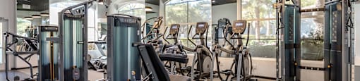 a gym with cardio machines and weights in a building with windows at Mirasol Apartments, Las Vegas, NV 89119
