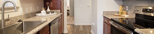 redesigned kitchen with granite counter tops and stainless steel appliances at the reserve at south coast at Volare at the Woodlands, The Woodlands, 77384