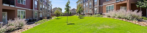 grass courtyard between apartment buildings at Ridge at Thornton Station Apartments, Colorado