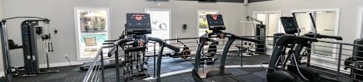 a gym with cardio equipment and windows in a building  at Deerfield Village, Alpharetta
