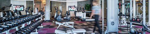 A gym with a variety of equipment including treadmills, weights, and exercise machines at G12 Apartments, Los Angeles