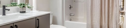 a bathroom with a shower and a sink and a toilet at Highland Mill Lofts, Charlotte, North Carolina