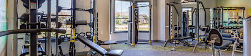 a gym with weights and cardio equipment and a window at Sladestone Shadow Creek, Texas, 77584