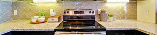 a kitchen with black cabinets and a stove and a microwave at South Side Flats, Dallas, 75215
