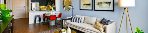 a living room with a couch and a table at South Side Flats, Texas