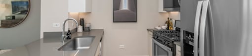 a kitchen with stainless steel appliances and a sink at The Elle Apartments, Chicago, 60605