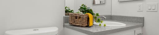 Vanity with storage drawers at Sunset Square Apartments, West Covina, CA, 91790