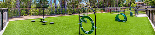 a park with agility equipment on the grass at Monterra Ridge Apartments, Canyon Country