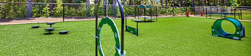 a playground with agility equipment in a park with trees at Monterra Ridge Apartments, Canyon Country, California