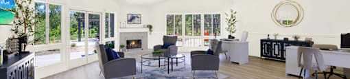 a living room with furniture and a fireplace at Monterra Ridge Apartments, Canyon Country, California