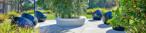 a seating area in a garden with trees and plants at Monterra Ridge Apartments,California