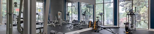 a gym with weights equipment and windows at the district at highland village apartments at Glen Hollow, Decatur