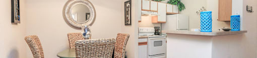 a dining room table with two chairs and a kitchen with a counter