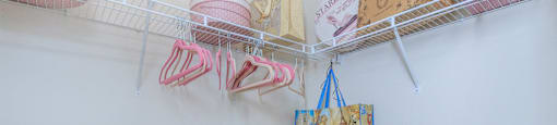 a closet with a rack and bags hanging on the wall