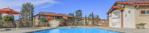 a swimming pool with buildings in the background at Riverview Springs, Oceanside, California