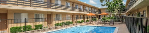 the swimming pool at our apartments at Villa La Paz Apartments, Bellflower, California