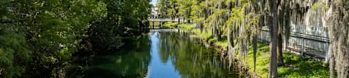 a river with trees on both sides and a bridge over it at Saratoga Resort Villa Apartments, Kissimmee