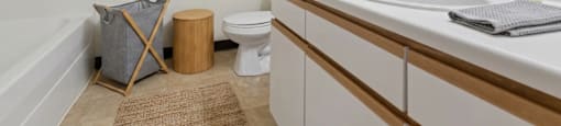 A bathroom with a white sink, toilet, and a brown rug.