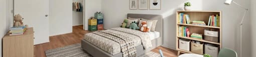 A bedroom with a bed, a bookshelf, a chair, and a table.