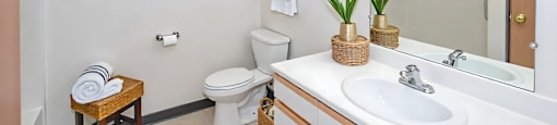 A bathroom with a white sink, toilet, and a mirror.